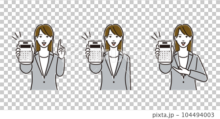 電卓を見せる女性ビジネスパーソンのセット 104494003