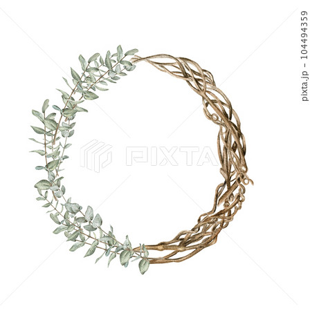 Winter wreath with dry branches, Holly and Red Berries. Watercolor hand drawn illustration for invitations, greeting cards, prints, packaging and more. Merry christmas and happy new year. 104494359