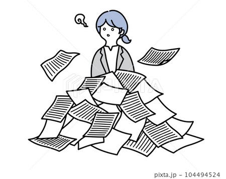 仕事量と書類の多さに呆然とするひとつ結びの若い女性社員のカラーイラスト 仕事量と書類の多さに呆然とするひとつ結びの若い女性社員のカラーイラスト 104494524