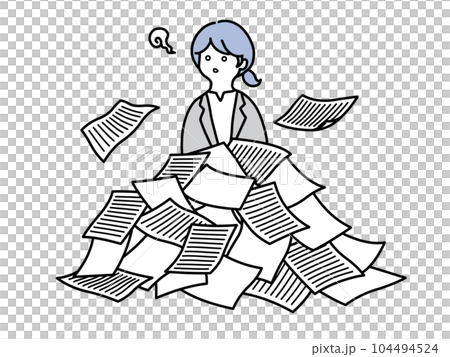 仕事量と書類の多さに呆然とするひとつ結びの若い女性社員のカラーイラスト 仕事量と書類の多さに呆然とするひとつ結びの若い女性社員のカラーイラスト 104494524