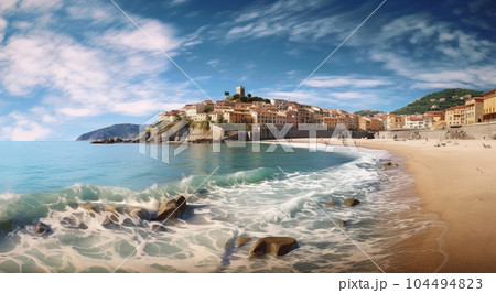 Sunny old mediterranean city and sandy beach. Generative AI Sunny old mediterranean city and sandy beach. Generative AI 104494823