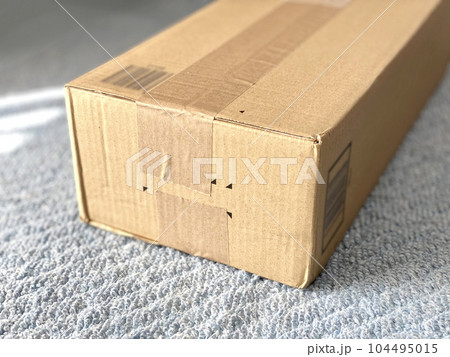 絨毯の上に置いた宅配便の段ボール箱 104495015