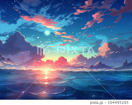 夕日が沈む海-アニメ背景 104495285