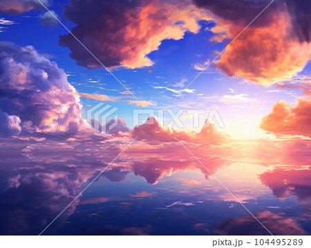夕日が沈む海-アニメ背景 104495289