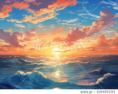 夕日が沈む海-アニメ背景のイラスト素材 [104495293] - PIXTA