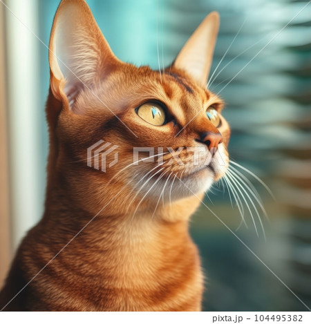 Portrait of a tabby Abyssinian cat sitting beside a window. Closeup face of a beautiful Abyssinian cat at home. Portrait of a ruby Abyssinian cat with red fur looking at the camera. AI generated. Portrait of a tabby Abyssinian cat sitting beside a window. Closeup face of a beautiful Abyssinian cat at home. Portrait of a ruby Abyssinian cat with red fur looking at the camera. AI generated. 104495382