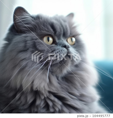 Portrait of a blue Persian cat sitting in light room with blurred background. Closeup face of a beautiful Persian cat at home. Portrait of a Persian cat with thick blue-gray fur looking to the side. 104495777