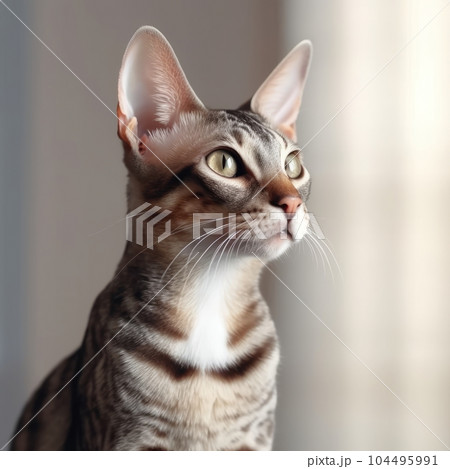 Portrait of a tabby Oriental Shorthair cat sitting in a light room beside a window. Closeup face of a beautiful Oriental Shorthair cat at home. Portrait of a cute striped cat looking outside a window. 104495991