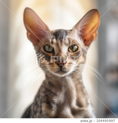 Portrait of a tortoiseshell Oriental Shorthair cat sitting in a light room beside a window. Closeup face of a beautiful Oriental Shorthair cat at home. Portrait of a cute cat looking at the camera. Portrait of a tortoiseshell Oriental Shorthair cat sitting in a light room beside a window. Closeup face of a beautiful Oriental Shorthair cat at home. Portrait of a cute cat looking at the camera. 104495997