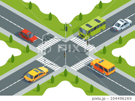 City crossroad isometric view with road markings, traffic lights pedestrian zebra crossing and cars. Urban traffic map with transport, vector graphic design elements City crossroad isometric view with road markings, traffic lights pedestrian zebra crossing and cars. Urban traffic map with transport, vector graphic design elements 104496269