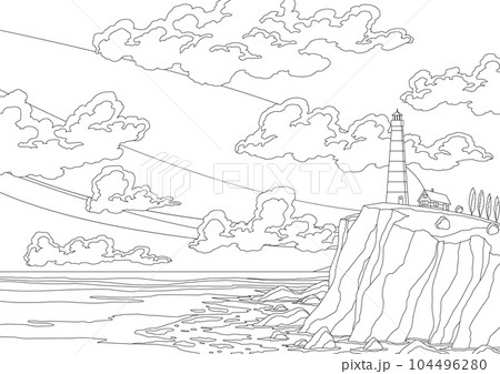 Lighthouse sea landscape in coloring style. Nautical navigation tower on rocky coast under cloudy sky. Ocean beach with beacon and building on cliff. Vector flat cartoon illustration of seascape Lighthouse sea landscape in coloring style. Nautical navigation tower on rocky coast under cloudy sky. Ocean beach with beacon and building on cliff. Vector flat cartoon illustration of seascape 104496280