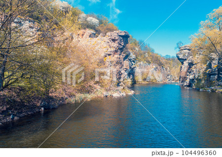 Mountain landscape. Aerial view of mountain river in early spring 104496360
