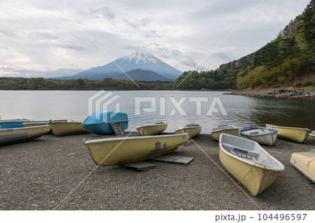 boats at Shoji lake shore with mount Fuji or Fujisan background boats at Shoji lake shore with mount Fuji or Fujisan background 104496597