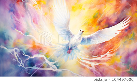 虹色の世界を飛ぶ白い鳥の水彩画風イラスト「AI生成画像」のイラスト