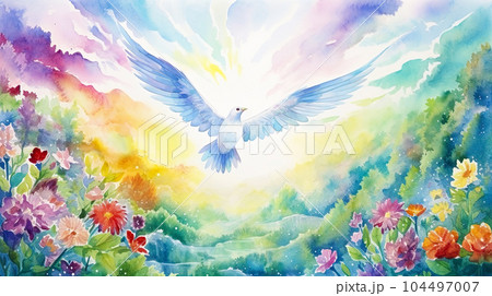 虹色の世界を飛ぶ白い鳥の水彩画風イラスト「AI生成画像」のイラスト