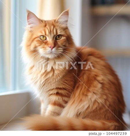 Portrait of a red Siberian Cat sitting in a light room beside a window. Closeup face of a beautiful Siberian Cat at home. Portrait of a cute red Siberian Cat with thick puffy fur looking at the camera 104497239