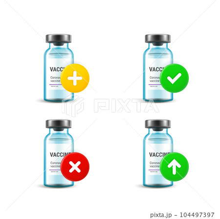 Vaccine vial set with different pictograms. 3d vector icons set Vaccine vial set with different pictograms. 3d vector icons set 104497397