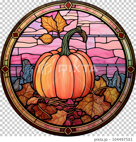 Fantasy Stained Glass Art Vintage Pumpkins Illustration Clipart. 104497581