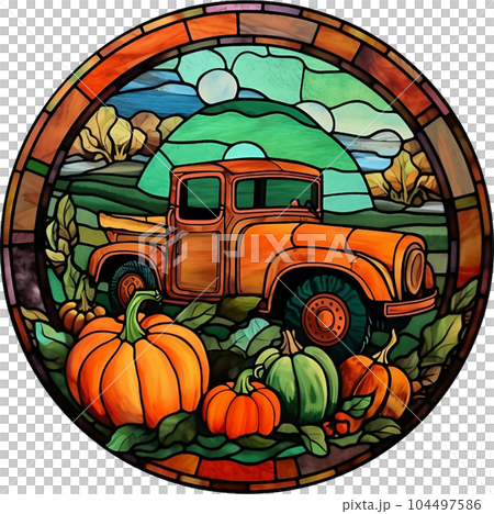 Fantasy Stained Glass Art Vintage Pumpkins Illustration Clipart. 104497586