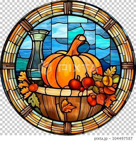 Fantasy Stained Glass Art Vintage Pumpkins Illustration Clipart. 104497587