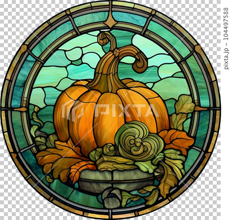 Fantasy Stained Glass Art Vintage Pumpkins Illustration Clipart. 104497588