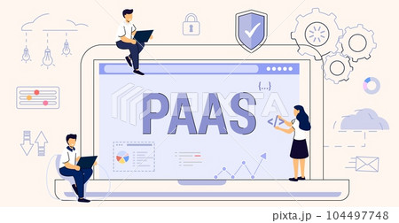 PAAS or platform as service model for software hosting Code line of programming internet application Flexible cloud computing model Optimization of business process for startups Vector illustration 104497748