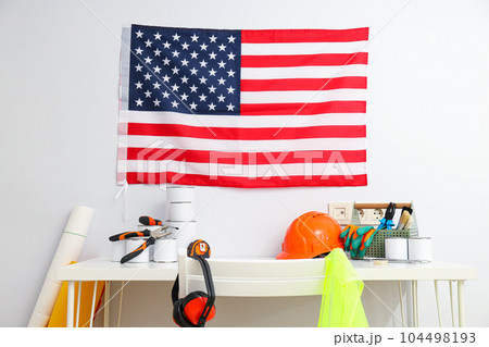 Concept of different work accessories, engineering supplies and tools 104498193