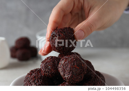 Traditional brazilian sweet - Brigadeiro, brazilian Chocolate candy Traditional brazilian sweet - Brigadeiro, brazilian Chocolate candy 104498356