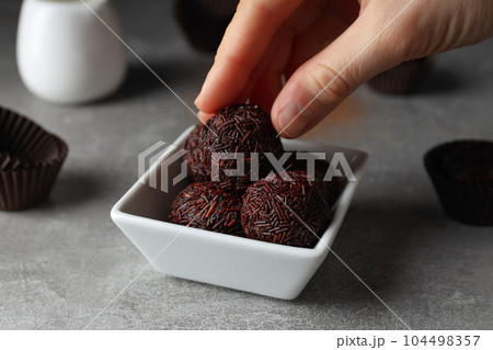 Traditional brazilian sweet - Brigadeiro, brazilian Chocolate candy Traditional brazilian sweet - Brigadeiro, brazilian Chocolate candy 104498357