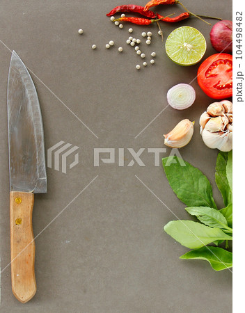 Fresh ingredients for cooking are on wooden background with copy space. Displayed to be the recipe banner. 104498482