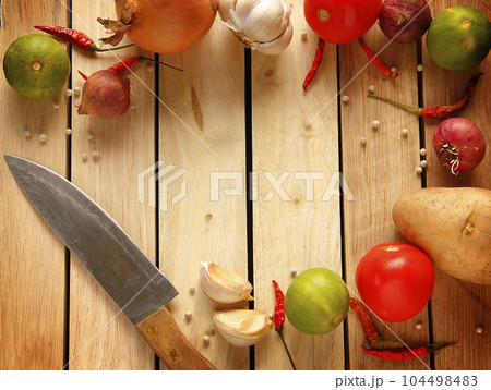 Fresh ingredients for cooking are on wooden background with copy space. Displayed to be the recipe banner. 104498483
