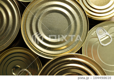Canned food in blank metal jars, concept of canned food Canned food in blank metal jars, concept of canned food 104498610