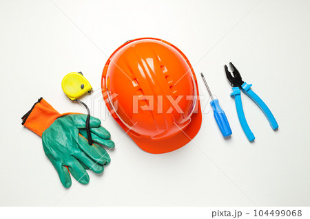 Concept of different work accessories, engineering supplies and tools 104499068