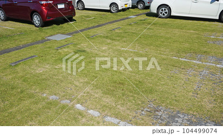 芝生の駐車場に止めた車両 104499074