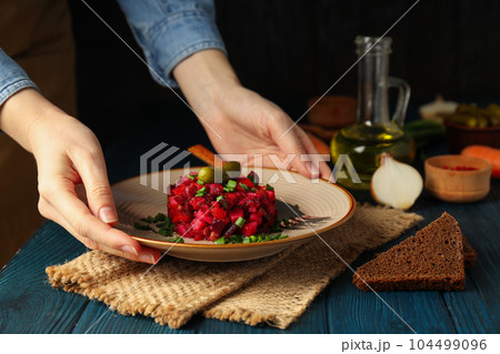 Concept of tasty food, cold dish - Vinaigrette salad 104499096