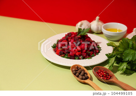 Concept of tasty food, cold dish - Vinaigrette salad 104499105
