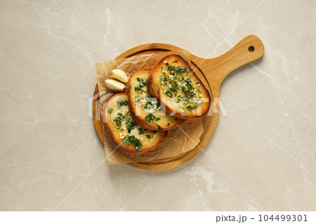 Tasty toasts with garlic, homemade products appetizer 104499301