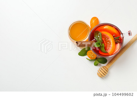 Concept of delicious hot drink - tea, berry - fruit tea Concept of delicious hot drink - tea, berry - fruit tea 104499602
