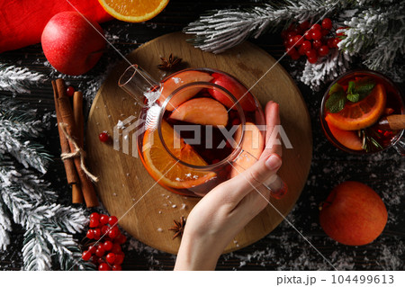 Concept of delicious hot drink - tea, berry - fruit tea Concept of delicious hot drink - tea, berry - fruit tea 104499613