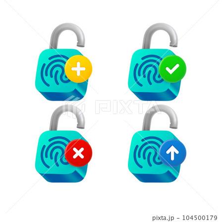 Opened padlock with fingerprint scaner icon set with different pictograms. 3d vector icons set 104500179