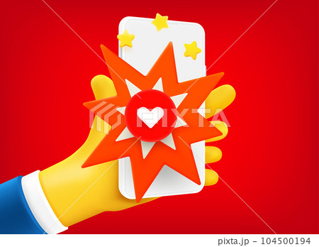 Businessman holding smartphone with heart sign on the screen. 3d vector illustration 104500194