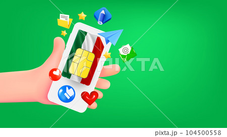 Man holding smartphone with Bulgarian mobile operator SIM card and app icons. Safety concept. 3d banner with copy space 104500558