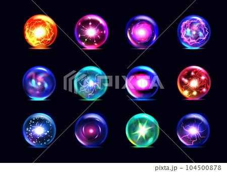 Magic balls. Colorful orb, fantasy crystal sphere, magician energy flame in glass round globe. Glowing energy spheres different colors. 3d isolated elements. Vector isolated effect Magic balls. Colorful orb, fantasy crystal sphere, magician energy flame in glass round globe. Glowing energy spheres different colors. 3d isolated elements. Vector isolated effect 104500878