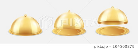 Gold tray. Empty cloche. 3D restaurant food bell. Golden meal dish with glossy dome. Open plate for lunch. Closed luxury platter. Isolated tableware. Vector realistic serving elements set 104500879