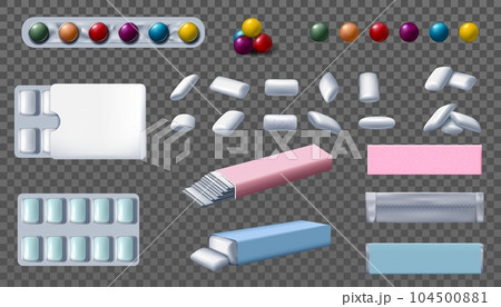 Chewing gum pack. Bubble balls. Blister and wrapper. Realistic candy in foil wrap. Pink and blue box design. Dental dragee and stripe sweets. 3D packaging mockup. Vector bubblegum set Chewing gum pack. Bubble balls. Blister and wrapper. Realistic candy in foil wrap. Pink and blue box design. Dental dragee and stripe sweets. 3D packaging mockup. Vector bubblegum set 104500881