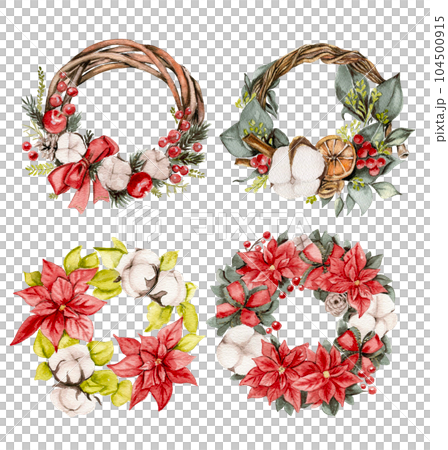 Christmas wreath with fir branches and red flowers. Watercolor hand drawn illustration for invitations, greeting cards, prints, packaging and more. Merry christmas and happy new year. 104500915