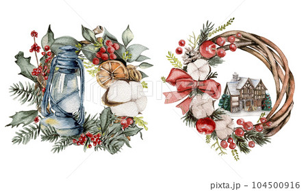 Christmas wreath with fir branches and red flowers. Watercolor hand drawn illustration for invitations, greeting cards, prints, packaging and more. Merry christmas and happy new year. 104500916