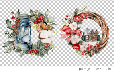 Christmas wreath with fir branches and red flowers. Watercolor hand drawn illustration for invitations, greeting cards, prints, packaging and more. Merry christmas and happy new year. 104500916