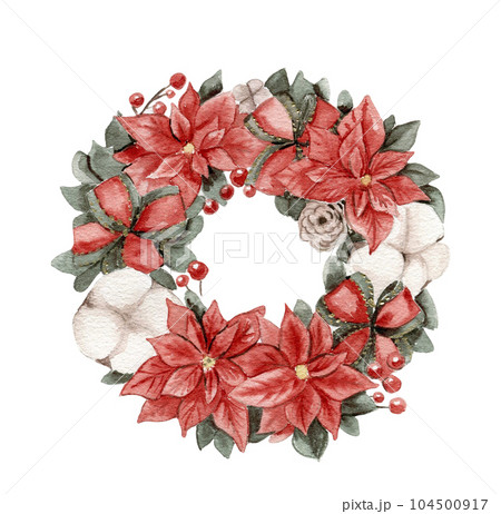 Christmas wreath with fir branches and red flowers. Watercolor hand drawn illustration for invitations, greeting cards, prints, packaging and more. Merry christmas and happy new year. 104500917