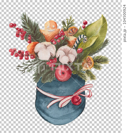 Cotton branches and red berries composition . Hand drawn illustration . Perfect for scrapbooking, kids design, wedding invitation, posters, greetings cards, party decoration. 104500924